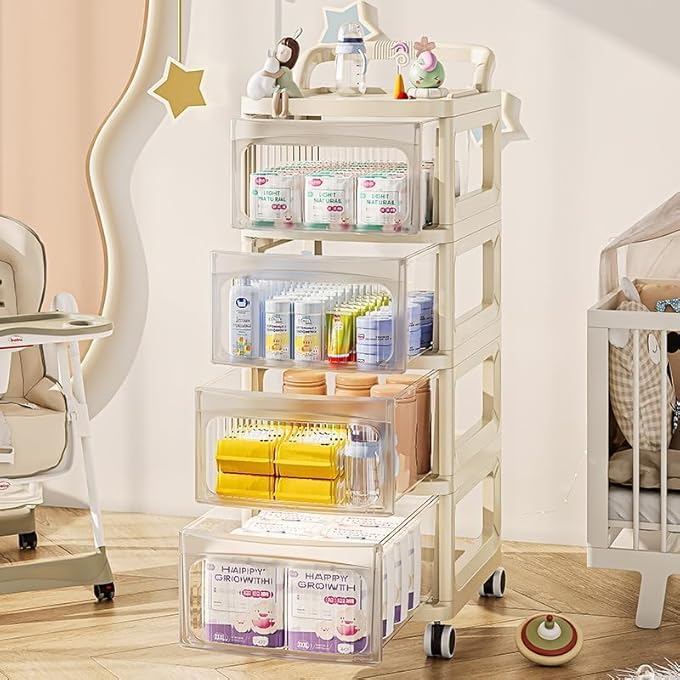rayihni BABY DIAPER CADDY CART ORGANIZER, 4-TIER ROLLING BABY PRODUCTS STORAGE ORGANIZER, MOVABLE NURSERY ORGANIZER STORAGE FOR NURSERY ESSENTIALS, TOY STORAGE ORGANIZER CART FOR CRIB, BEDROOM
